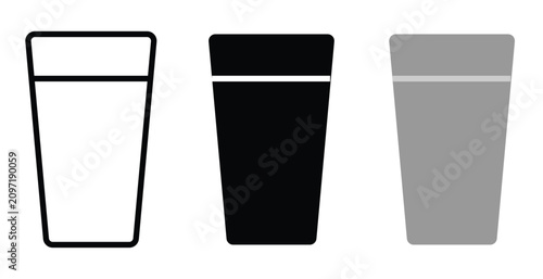 Three minimalist graphic icons depicting a glass of liquid in outline, solid black, and solid grey styles.