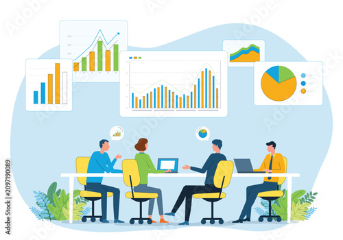 Business Data Analytics  Meeting with Performance Dashboard Reporting and Data Visualization. team working Collaboration with Flat Vector Illustration
