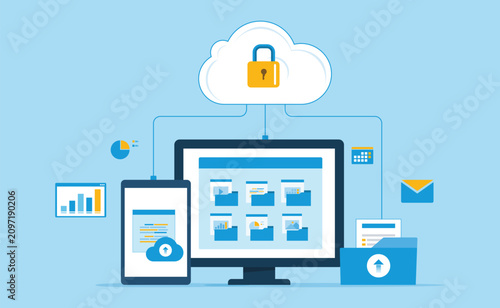 flat vector design Cloud Storage Backup and document File Management Across Multiple Devices concept