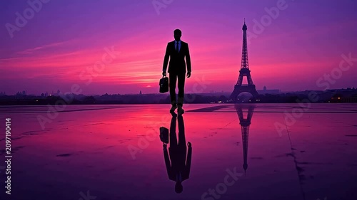 Silhouette with briefcase before eiffel tower