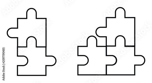 Fotografi Two sets of white outline puzzle pieces, one with two connected vertically and another with four interlocked