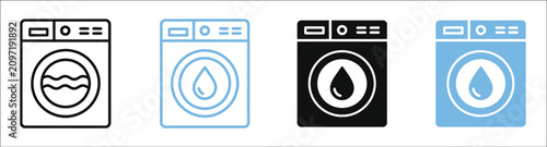 Washing machine icon set with water drops, laundry appliance symbols, fabric care, household cleaning equipment, and domestic utility elements, vector, designs