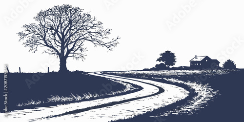 Foto Serene countryside scene featuring a lone tree, dirt road, and distant village a
