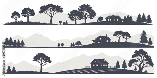 Cuadro en lienzo Set of 90 rural landscape silhouettes on white background, various terrains and
