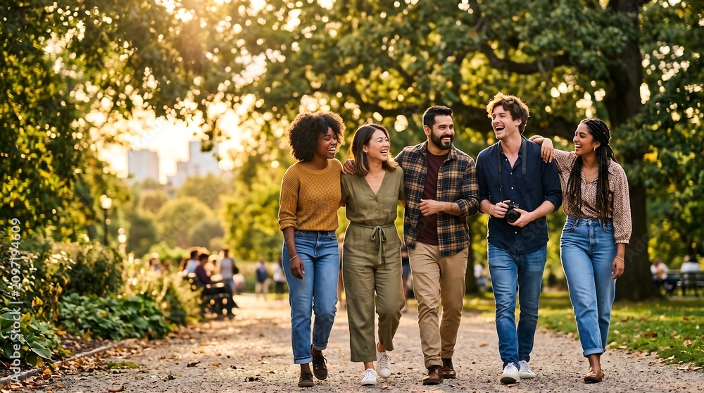 Fototapeta premium Diverse group of happy friends laughing while walking through a scenic green city park during sunset
