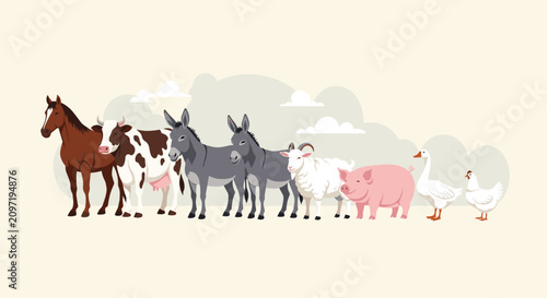 Diverse collection of domestic farm animals including a horse, cow, donkey, sheep, pig, and poultry standing in a row together.
