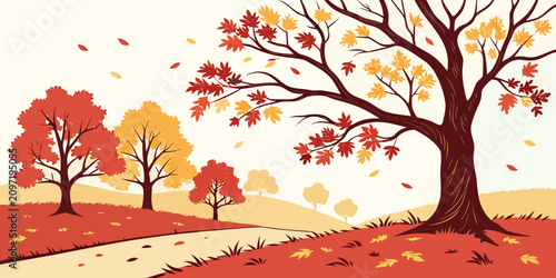 Schilderij op canvas Vibrant autumn forest landscape with colorful falling leaves, trees, and a windi