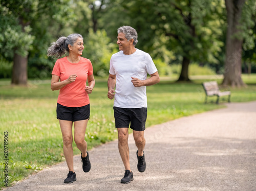 Attractive senior Indian couple jogging together in a beautiful green park promoting healthy aging active lifestyle wellness companionship and outdoor fitness