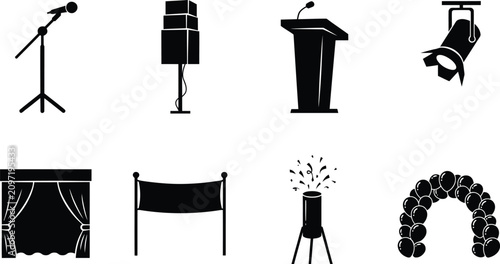 Black icons of stage equipment and event decorations on white background for design