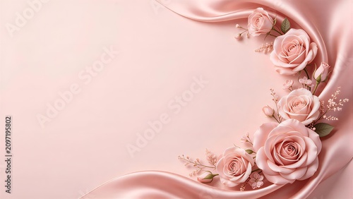 Luxury floral border graphic with graceful soft blush pink artificial rose flowers and blossoms, delicate sage green leaves and stems, elegant flowing silk satin fabric drapery, pale pink background