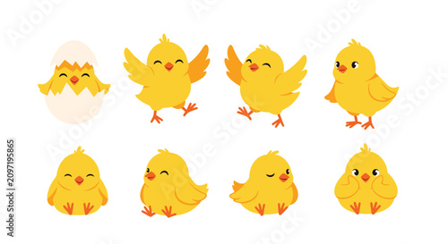 Comprehensive set of eight adorable yellow cartoon chicks in various poses including hatching, dancing, sitting, and winking.
