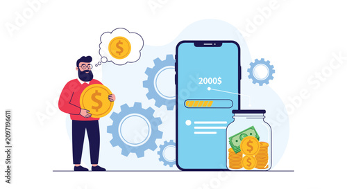 Financial manager helping with mobile money deposit with coin jar next to giant smartphone display.