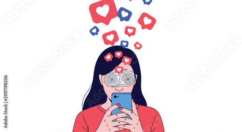 Young girl looking at her smartphone with hypnotic eyes while social media like heart icons float above her head in a modern concept.