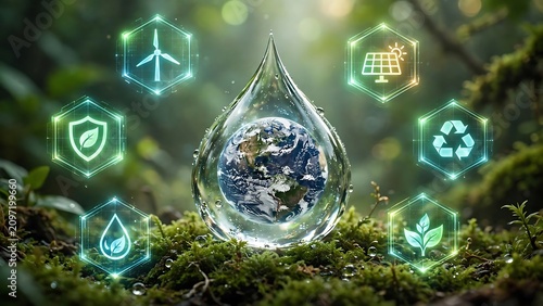 Sustainable future earth inside a water drop with renewable energy icons