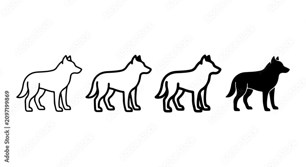Fototapeta premium Wolf Silhouette Vector Icons, Canine Animal Outline Set, Wild Dog Graphics, Black and White Design Elements