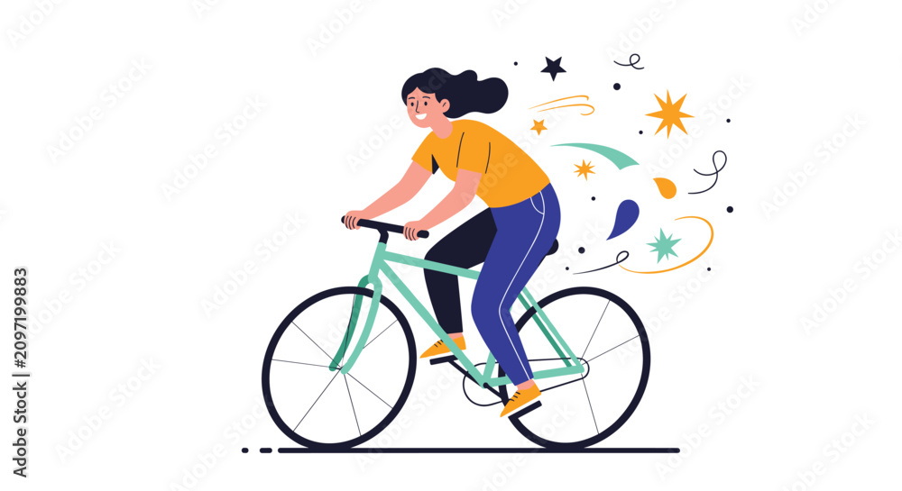 Fototapeta premium Happy energetic young girl riding green bicycle fast with colorful decorative stars and trail in the background.