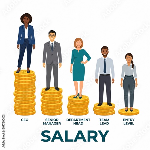 Business people standing on stacks of coins representing salary levels