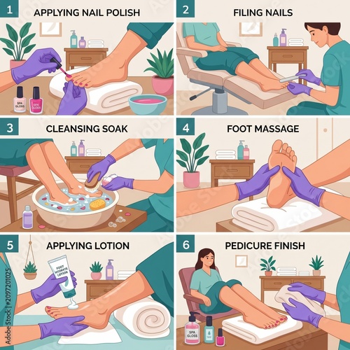 A professional nail technician performing a step-by-step pedicure treatment process