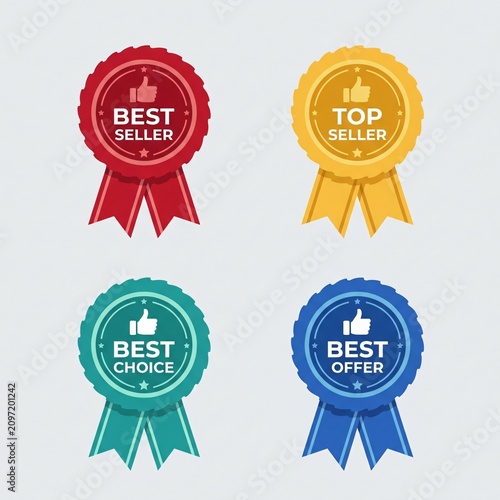 A set of colorful best seller ribbons with thumbs up icons and labels