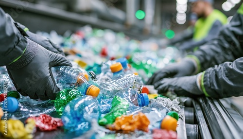 Gloved workers sorting plastic bottles at recycling plant conveyor