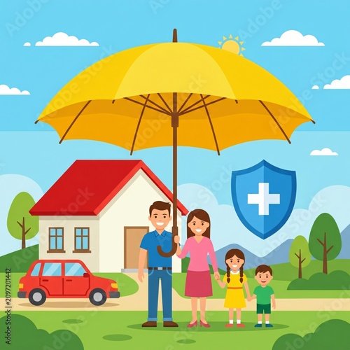A family standing under a yellow umbrella in front of their house with a shield symbolizing protection and insurance