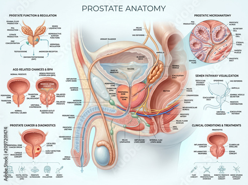 Detailed medical illustration showing human prostate anatomy including functional zones and pathological conditions for educational study in a clinical setting