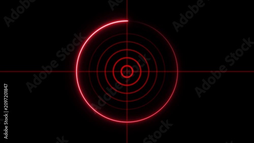 Red neon radar scanner hud loop, digital target tracking interface overlay