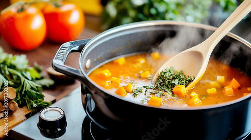 Adding fresh herbs with a wooden spoon to a steaming pot of orange vegetable soup on an induction stove