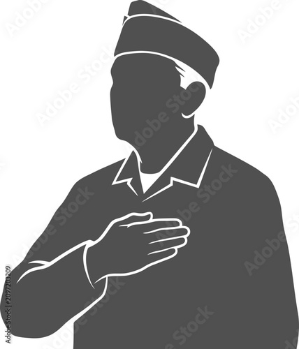 Schilderij op canvas Silhouette of military officer in side cap placing hand over heart for national