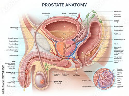 Detailed medical illustration showing the human male prostate anatomy with labels for bladder urethra and surrounding tissues for educational purposes