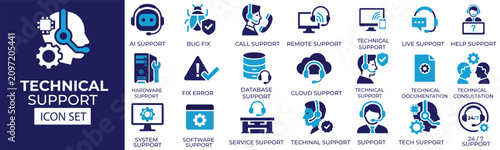 Bild auf Leinwand Technical support icon set featuring IT help desk, software support, hardware ma