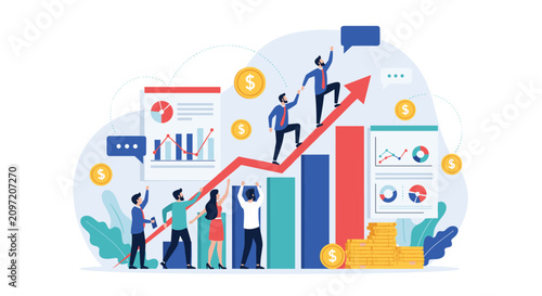 Dynamic business team helps each other climb up a giant red arrow representing financial growth and corporate success.