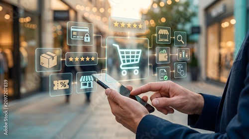 Man's hands using smartphone with digital shopping interface and icons on blurred street background