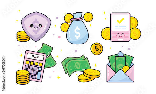 Cute Finance Kawaii Illustration Set with Money and Banking Elements in Pastel Colors