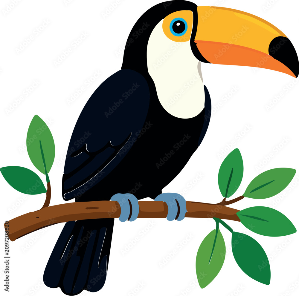 Obraz premium A charming toucan perched on a branch with green leaves