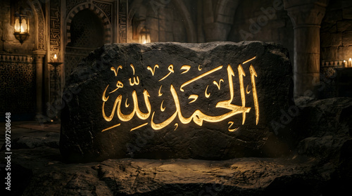 Alhamdulillah Arabic calligraphy carved on stone. Religious art and cultural heritage. Spiritual expression in Islamic decor.