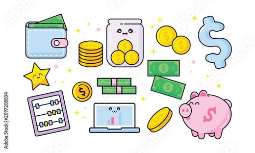 Cute Finance Kawaii Illustration Set with Money and Banking Elements in Pastel Colors
