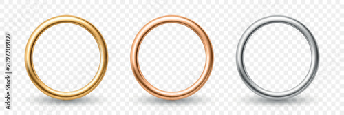 Vector 3d Metal Ring Set. Golden, Bronze, Silver Ring Frames Isolated. Metallic Circle Borders. Round Frame Elements