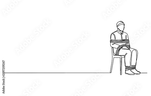 Tableau sur toile Continuous line drawing of a man tied up sitting on a chair representing a hosta