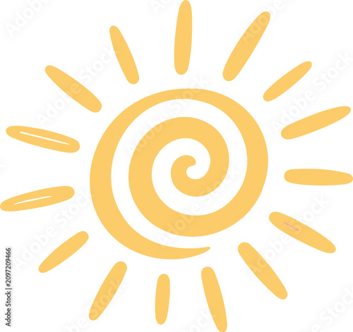 Whimsical sun illustration with a spiral center and radiating rays