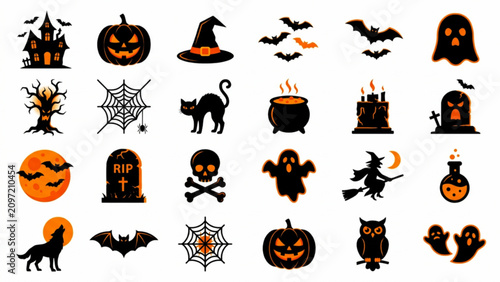 Collection of twenty four Halloween icons including haunted house pumpkin witch hat bats ghost tree spider web cat cauldron tombstone skull and owl vector icon set design.