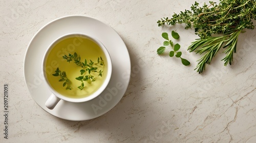 A top view of herbal tea with fresh thyme and rosemary in a white cup on a marble surface. Soft steam and natural light create a calm, wellness-inspired atmosphere.