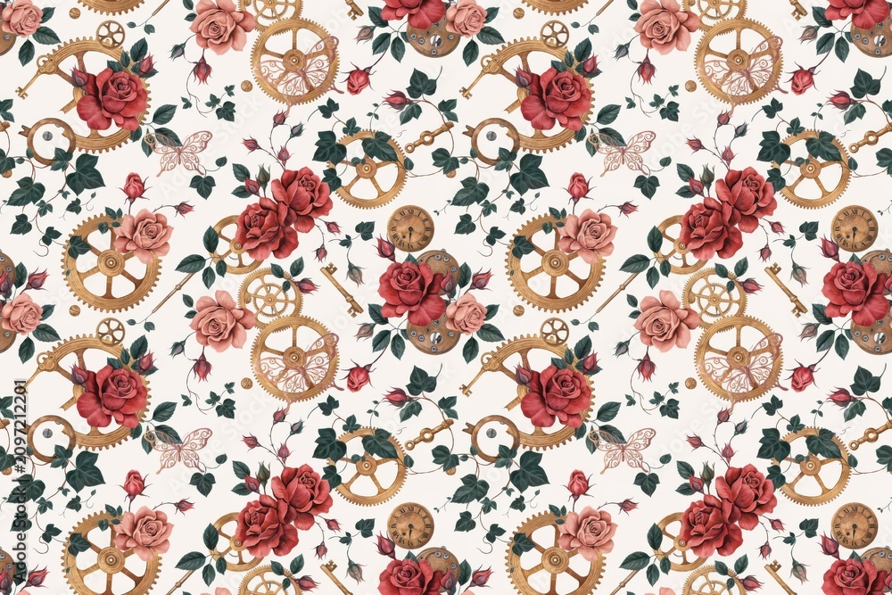 Fototapeta premium Seamless pattern featuring red roses, vintage clock gears, golden keys, and butterflies on a light cream background, floral steampunk