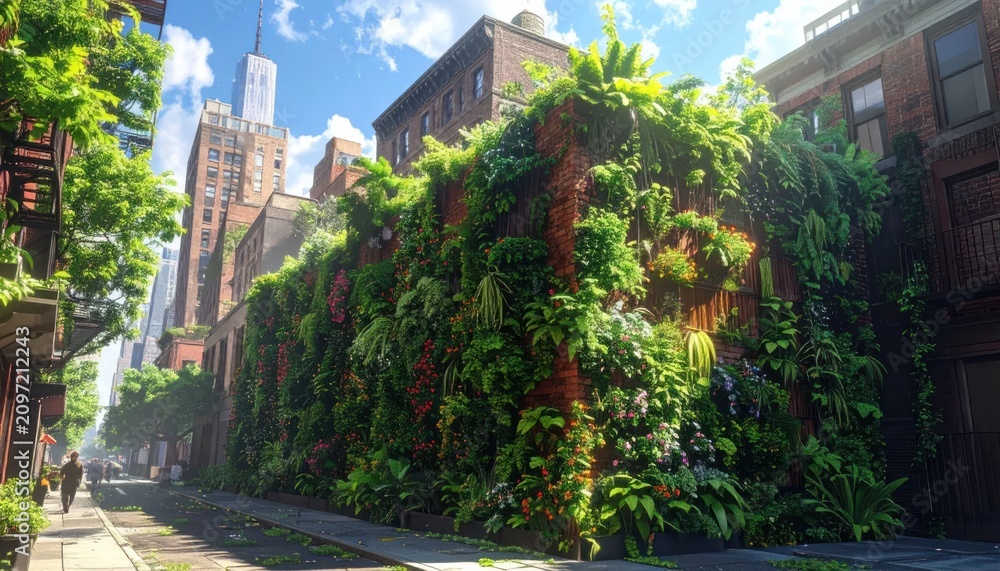 Obraz premium An urban street scene with buildings and a wall covered in lush greenery