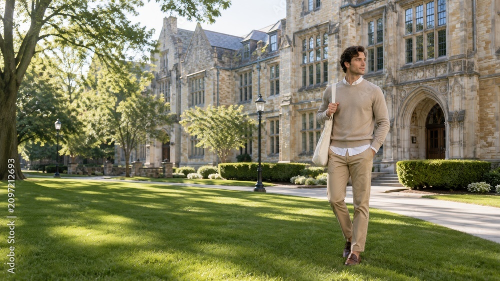 Fototapeta premium Male student walking on a university campus lawn, wearing a beige sweater and carrying a tote bag, with historic stone buildings and trees in the background