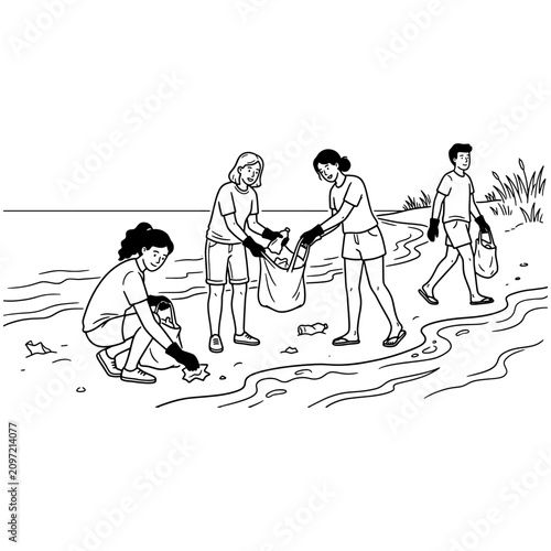 Group of volunteers collecting plastic waste and litter on a riverbank beach vector illustration, black and white line art style of environmental community cleaning event