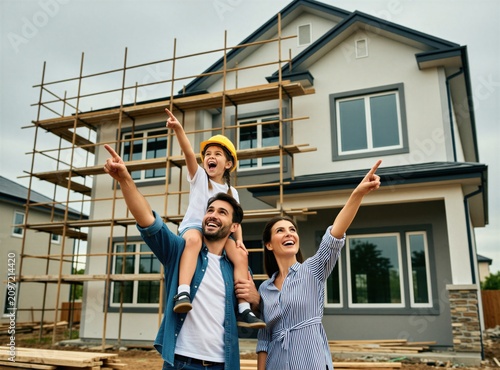 Happy family with father mother, small daughter visit new house construction site. Parents, child point at unfinished building with excitement. Joyful people dream about future home lifestyle. Young