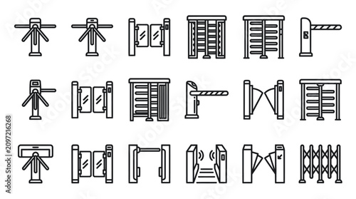 Set of security turnstile and entrance gate icons.