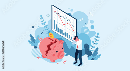Depressed businessman standing in despair near broken pink piggy bank and declining financial loss bar chart.