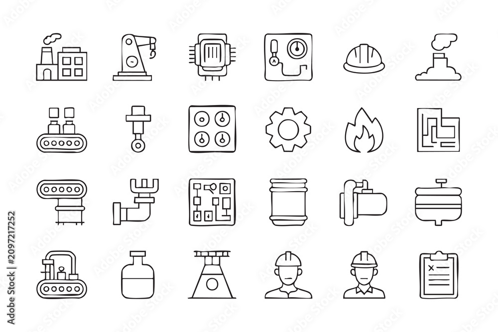 Fototapeta premium Smart Factory Equipment Icons with Robotics, Machinery and Control Systems